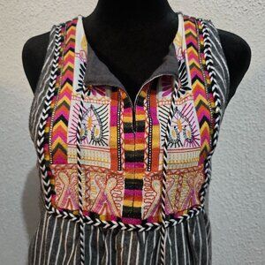 Entro Womens Sleeveless Striped Embroidered Tunic Dress S 100% Cotton Multicolor